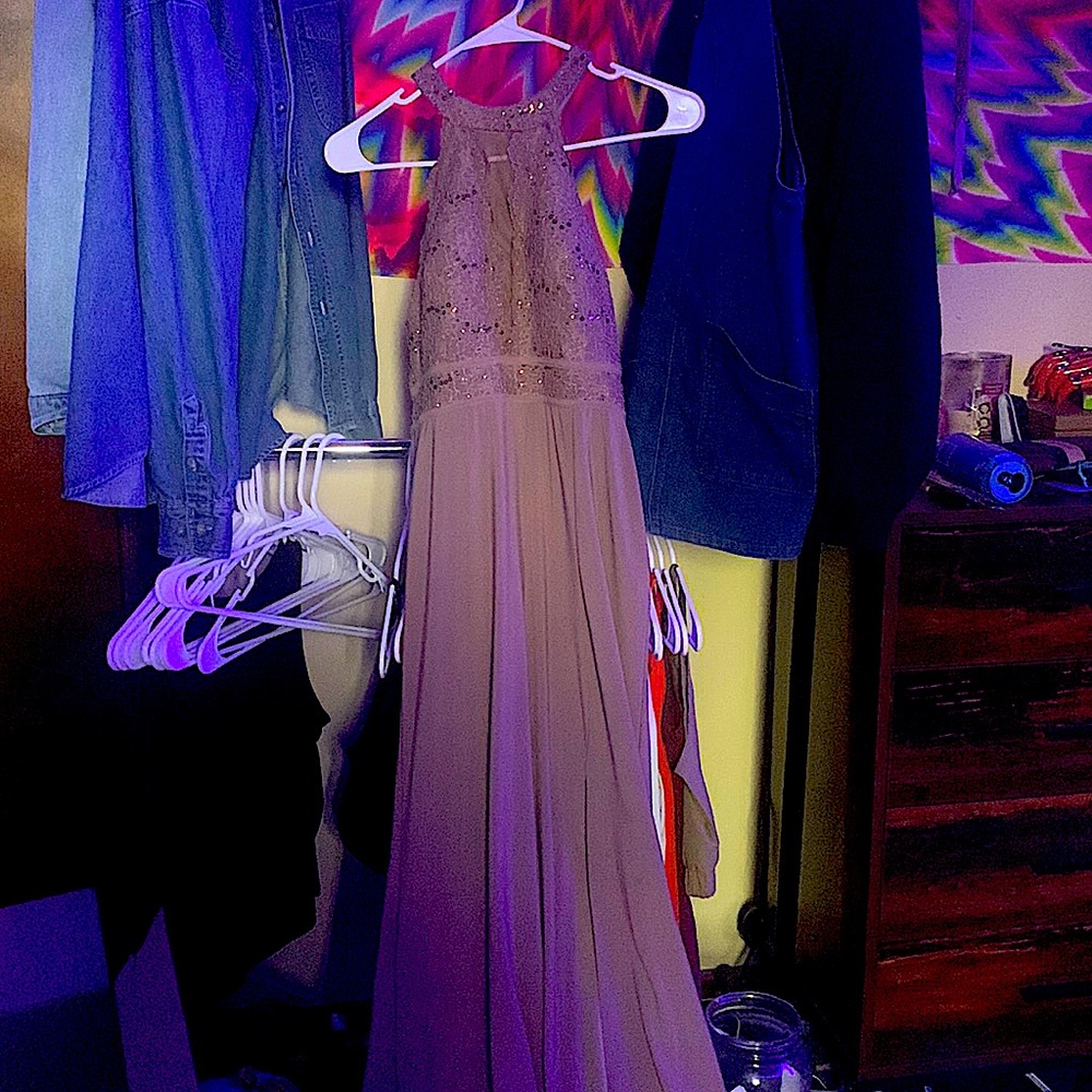 A Morgan and Co tan prom dress